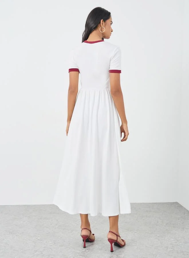 Take Two Take Two Solid Short Sleeve A-Line Midi Dress with Bow Detail