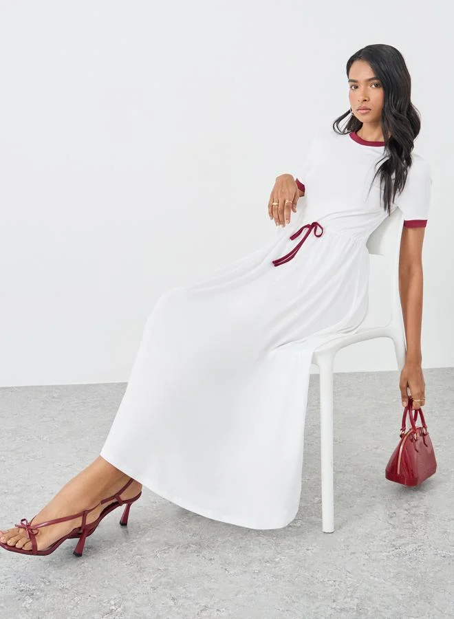 تايك تو Take Two Solid Short Sleeve A-Line Midi Dress with Bow Detail