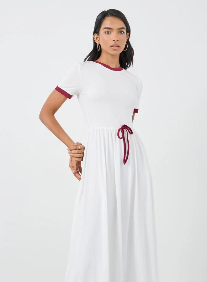 Take Two Take Two Solid Short Sleeve A-Line Midi Dress with Bow Detail
