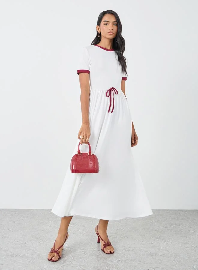 تايك تو Take Two Solid Short Sleeve A-Line Midi Dress with Bow Detail