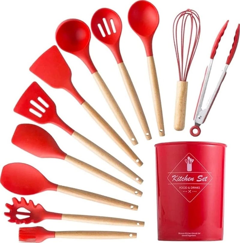 12-Piece Silicone Cooking Utensil Set with Bamboo Handles, Non-Stick Cookware Safe, Includes Holder - Image 1