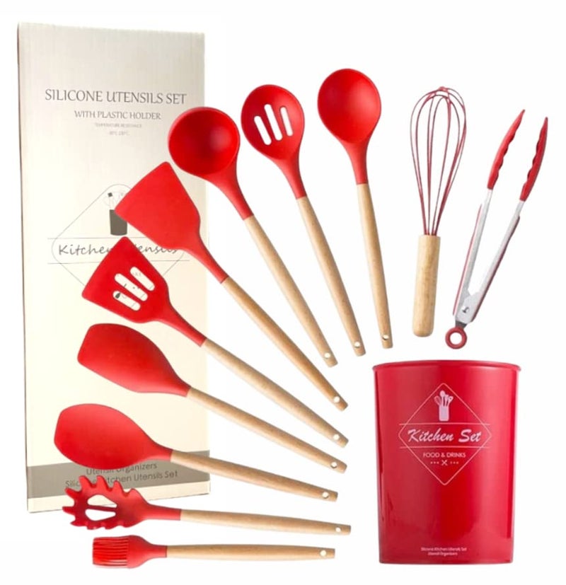 12-Piece Silicone Cooking Utensil Set with Bamboo Handles, Non-Stick Cookware Safe, Includes Holder - Image 2