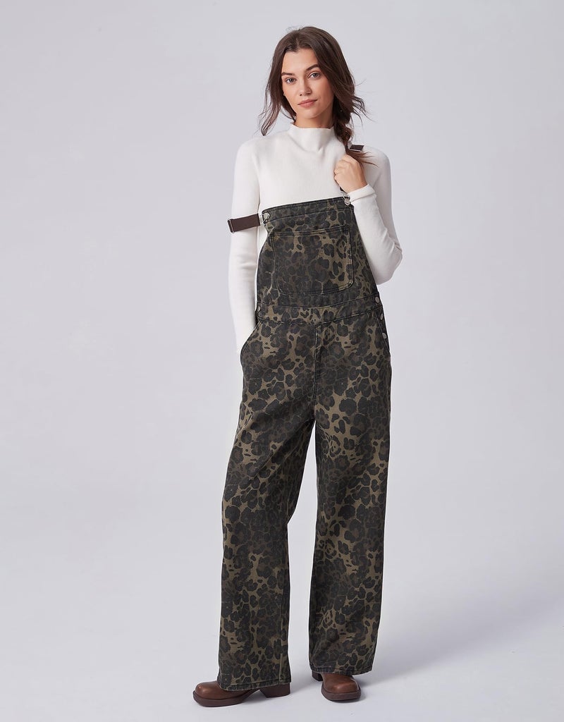 Kedera Leopard Print Jean Overalls Fashion Wide Leg Loose Fit Adjustable Strap Cheetah Denim Jumpsuit Winter Streetwear - Image 5