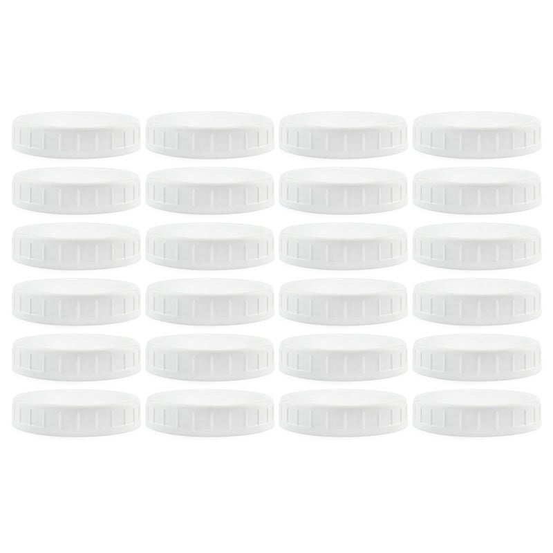 Cornucopia Brands Wide Mouth Plastic Mason Jar Lids (24-Pack Bundle); 2 Dozen Unlined White Ribbed Lids, 86-450 Size - Image 1