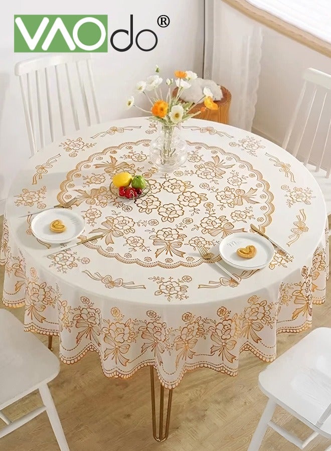 VAOdo Waterproof Round Table Cloth, Gold Stamping Process Flower Embroidered Tablecloth, Anti-fouling Fabric Table Cover for Kitchen Dinner Party Wedding Restaurant - Image 1