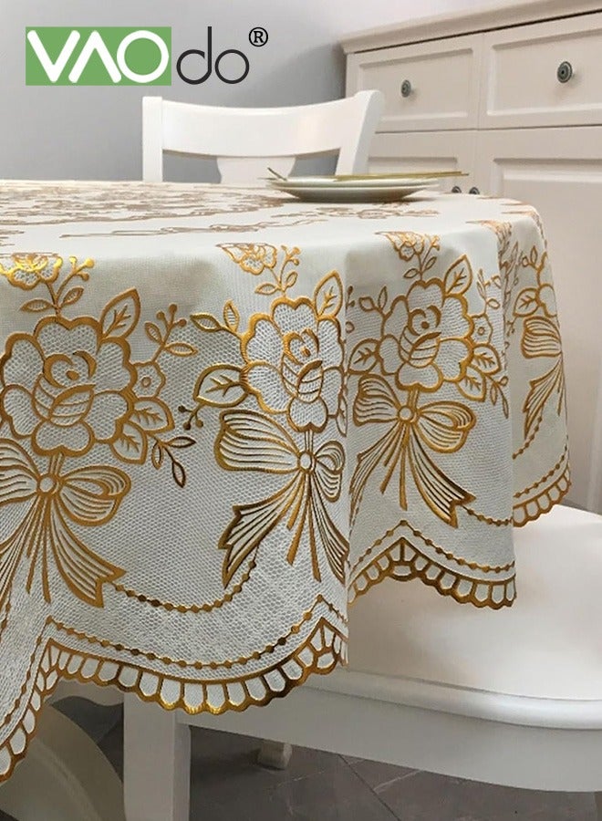 VAOdo Waterproof Round Table Cloth, Gold Stamping Process Flower Embroidered Tablecloth, Anti-fouling Fabric Table Cover for Kitchen Dinner Party Wedding Restaurant - Image 2
