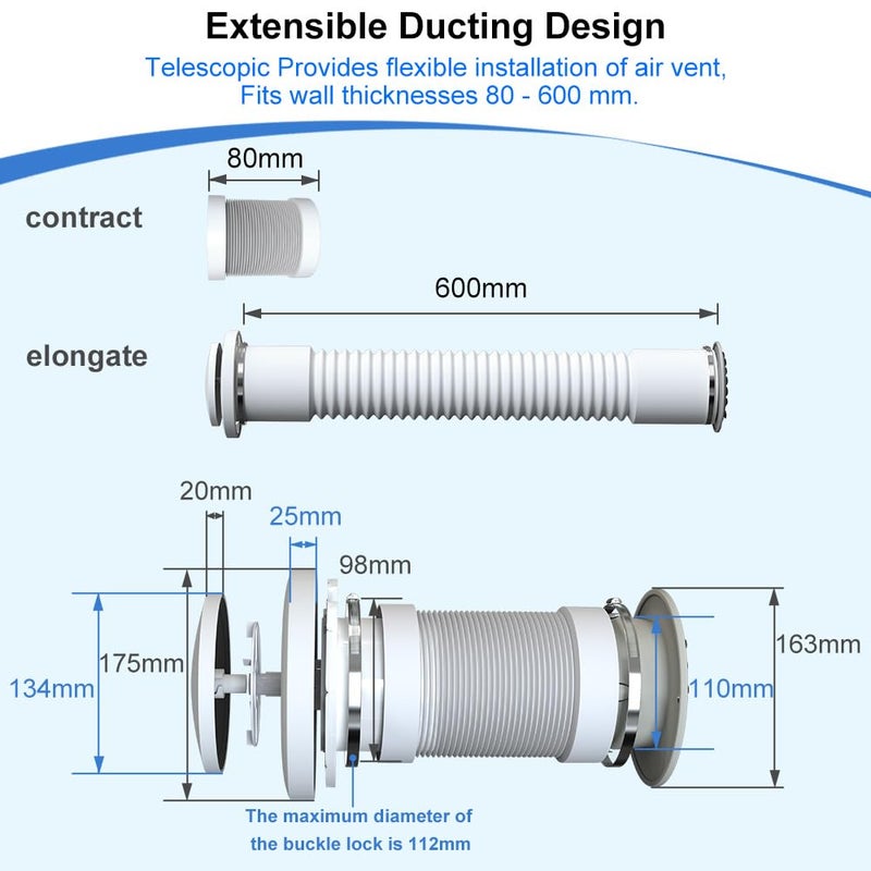 Weiworld Passive Air Vent 4inch Fresh Air Intake, Energy Efficient, Aluminium Telescopic Duct & Stainless Steel 304 Grille (No Motor) - Image 5