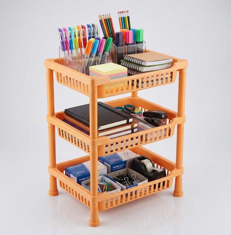 Dunekart 3 Layer Multipurpose Plastic Storage Rack for Kitchen & Office| Fruit Vegetable Basket Organizer with Dish Rack,Stackable Shelf for Pantry - orange - Image 1