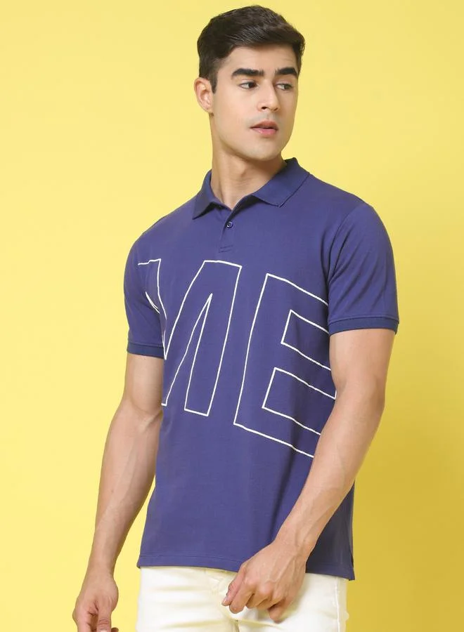 Styli Men Navy Blue Graphic Print Polo T-Shirt By Door74