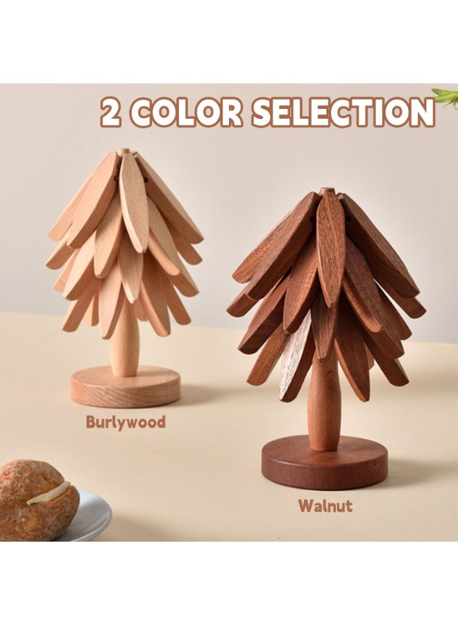 مجموعة حوامل خشبية طبيعية قابلة للطي من خشب الجوز الاسود - 2 حوامل + 1 حامل للاطباق الساخنة والوعاء والوعاء وابريق الشاي وحوامل الاواني الساخنة (خشب الزان) - Image 2