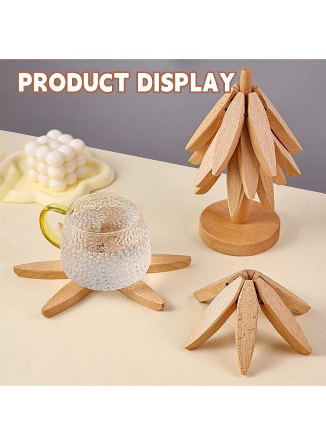 مجموعة حوامل خشبية طبيعية قابلة للطي من خشب الجوز الاسود - 2 حوامل + 1 حامل للاطباق الساخنة والوعاء والوعاء وابريق الشاي وحوامل الاواني الساخنة (خشب الزان) - Image 3