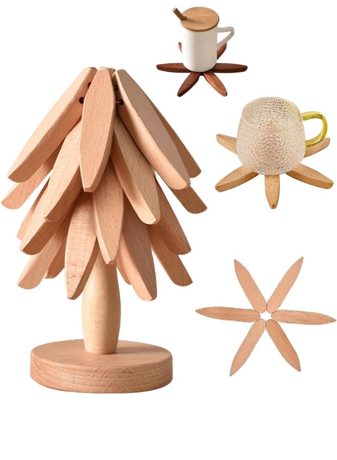 مجموعة حوامل خشبية طبيعية قابلة للطي من خشب الجوز الاسود - 2 حوامل + 1 حامل للاطباق الساخنة والوعاء والوعاء وابريق الشاي وحوامل الاواني الساخنة (خشب الزان) - Image 1