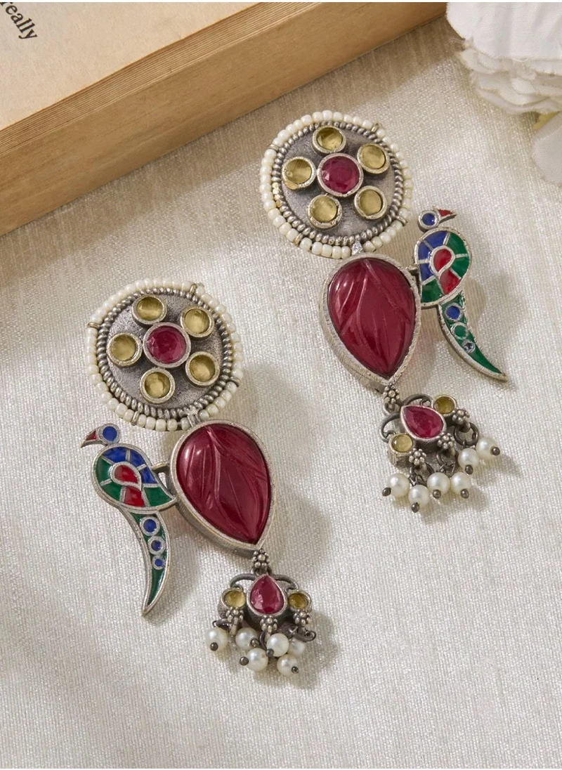 Priyaasi Faux Ruby Studded Oxidised Contemporary Drop Earrings