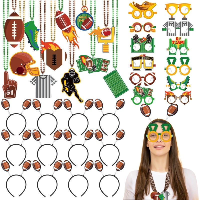 Kenning 36 Pcs Football Party Decorations Football Photo Props 12 Footballs Beaded Necklaces 12 Headbands 12 Touchdown Paper Glasses Accessories for Sport Footballs Birthday Party Favors Supplies - Image 1