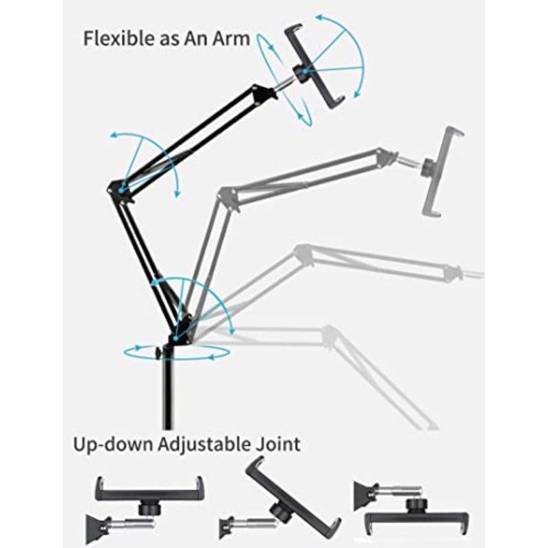 Tablet Floor Stand with Double Weight Base, Overhead Bed Phone Mount Height Adjustable Arm Stretchable Stand Holder, Compatible with iPad Mini Air Pro, Galaxy Tab, Kindle, Switch, Cell Phones - Image 5