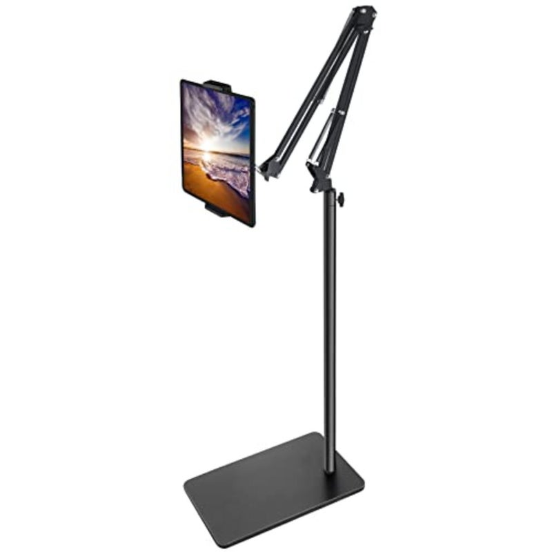 Tablet Floor Stand with Double Weight Base, Overhead Bed Phone Mount Height Adjustable Arm Stretchable Stand Holder, Compatible with iPad Mini Air Pro, Galaxy Tab, Kindle, Switch, Cell Phones - Image 1