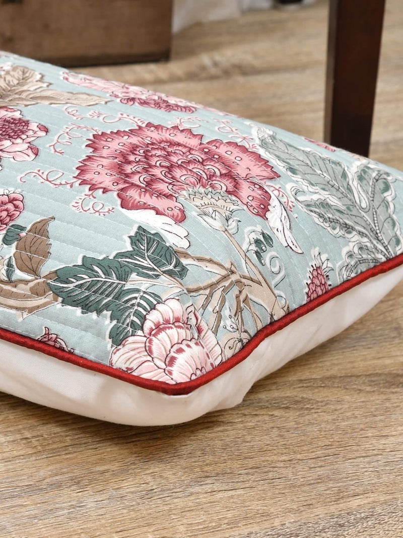 Clasiko Cushion Covers Set of 2; 12x18 Inches; Maroon Pink Flowers 16520 - Image 3