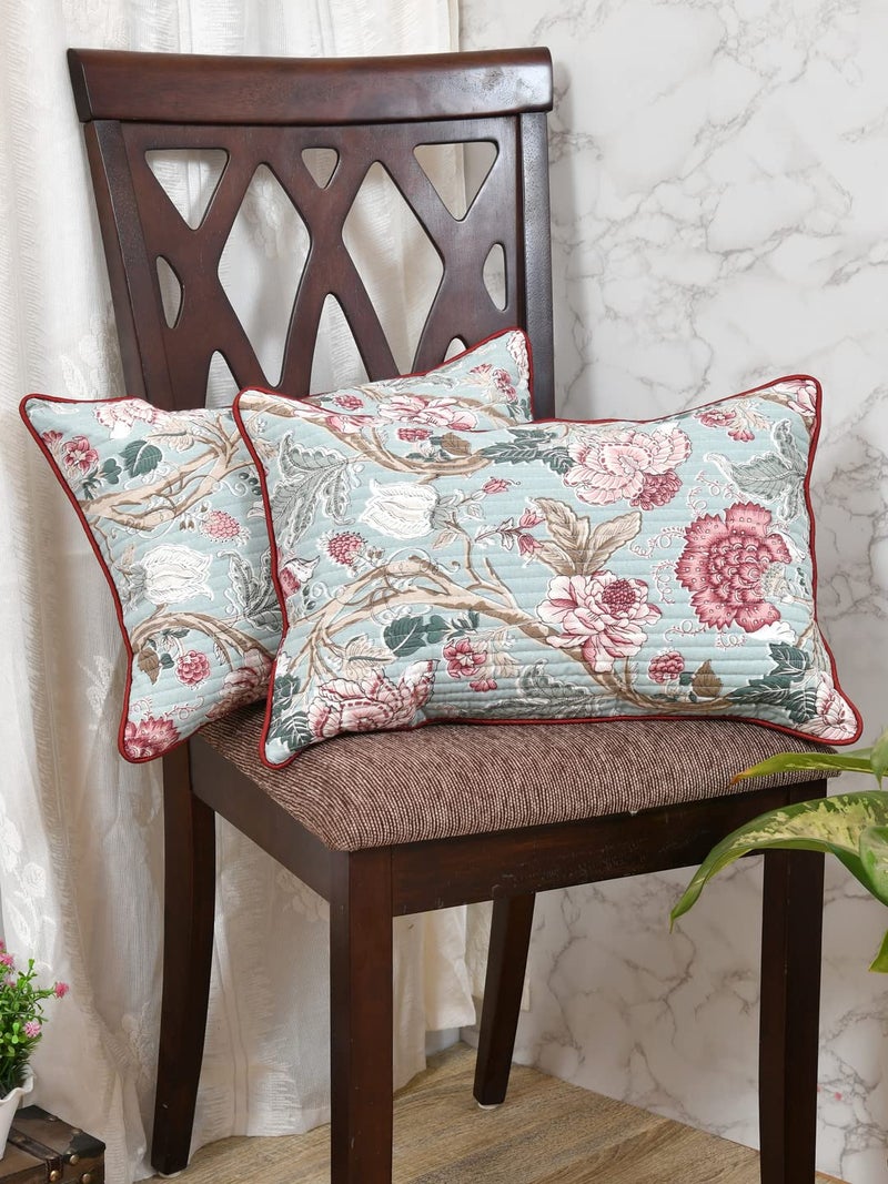 Clasiko Cushion Covers Set of 2; 12x18 Inches; Maroon Pink Flowers 16520 - Image 1