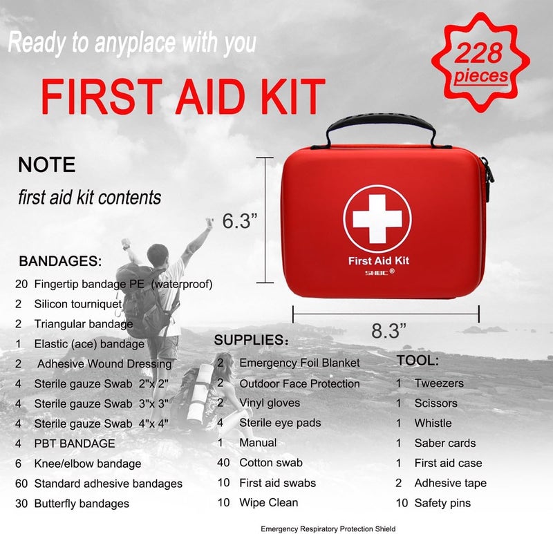 SHBC Compact First Aid Kit 228pcs Designed for Family Emergency Care Waterproof EVA Case and Bag is Ideal for The Car Home Boat School Camping Hiking Office Sports Protect Your Loved Ones Red - Image 2