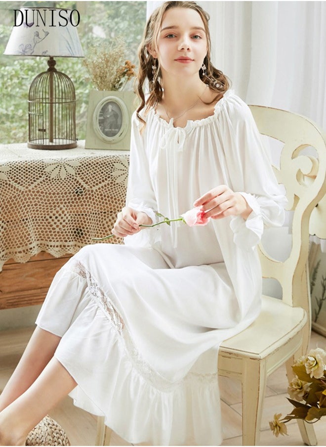 DUNISO - Women's Long Sleeve Nightgown Sweet Cotton Pajama Dress Sleepwear Girls Comfortable Round Neck Nightwear Summer Home Wear Lounge Dress - Image 1