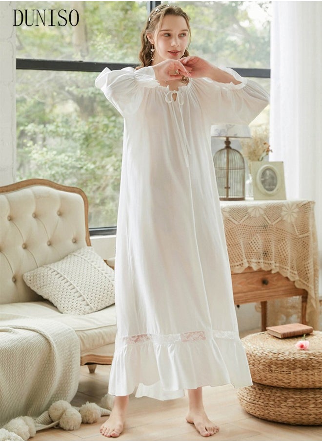 DUNISO - Women's Long Sleeve Nightgown Sweet Cotton Pajama Dress Sleepwear Girls Comfortable Round Neck Nightwear Summer Home Wear Lounge Dress - Image 1