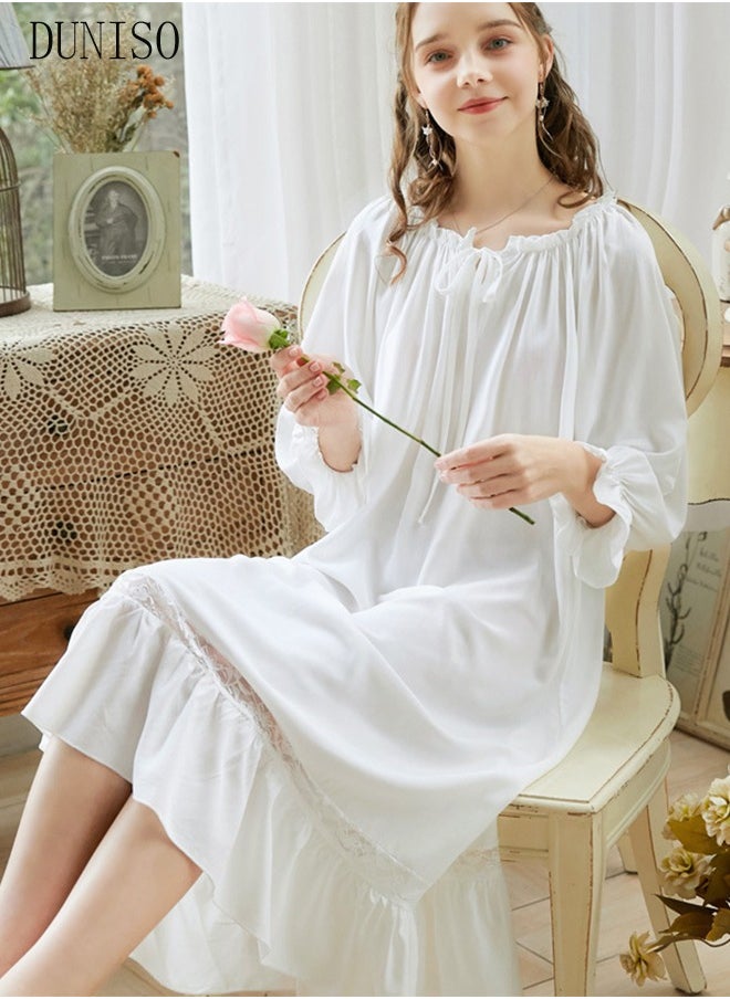 DUNISO - Women's Long Sleeve Nightgown Sweet Cotton Pajama Dress Sleepwear Girls Comfortable Round Neck Nightwear Summer Home Wear Lounge Dress - Image 1