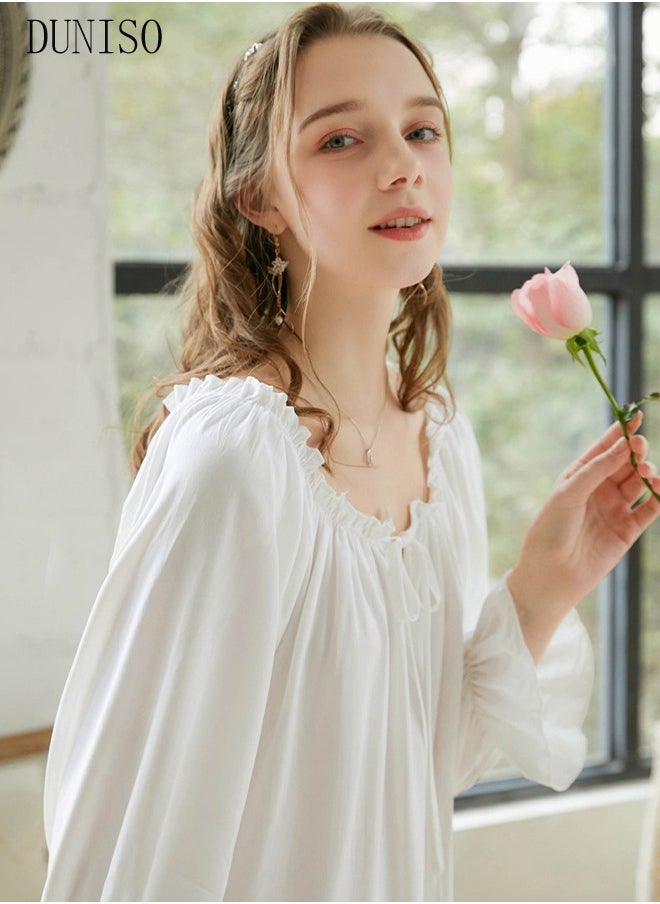 DUNISO - Women's Long Sleeve Nightgown Sweet Cotton Pajama Dress Sleepwear Girls Comfortable Round Neck Nightwear Summer Home Wear Lounge Dress - Image 1