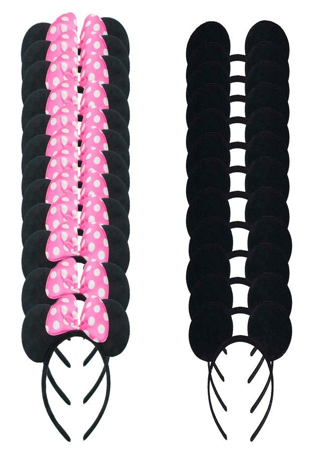 winvin Set of 24 Mouse Costume Deluxe Fabric Ears Headband White Polka Dots Bow Boys Girls Birthday Party Hairs Accessories Baby Shower Headwear Halloween Party Favors Decorations (Black Pink) - Image 2