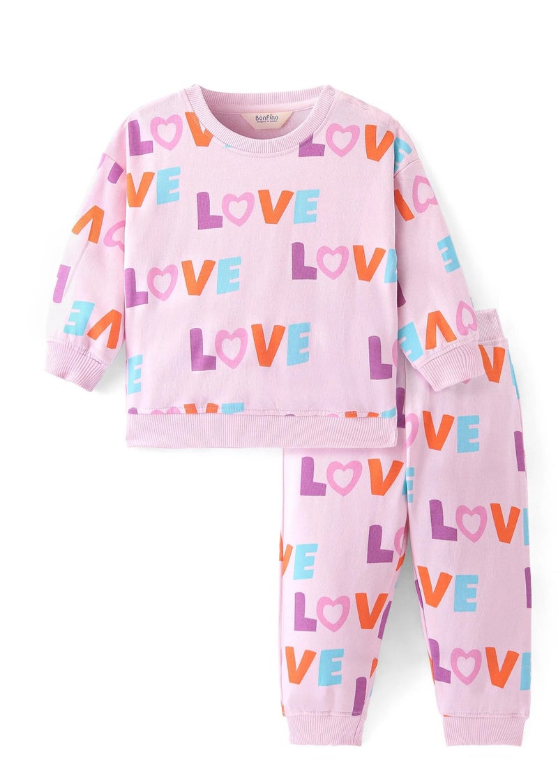 Bonfino Bonfino 100% Cotton French Terry Knit Full Drop Sleeves Sweatshirt & Pant Alphabet Print - Pink(6-24M&2-6Y)  - Image 1