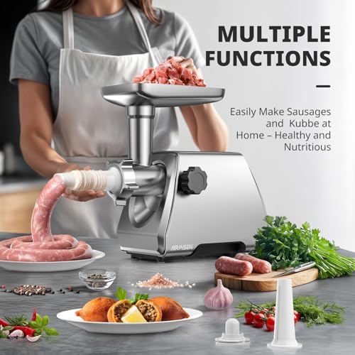 AIRMSEN Electric Meat Grinder & Mincer – Heavy Duty Professional Stainless Steel Sausage Maker & Stuffer with 3 Plates, 2 Stainless Blades & Kubbe Kit – Fast, Quiet, Easy to Clean for Home Kitchen Use - Image 2