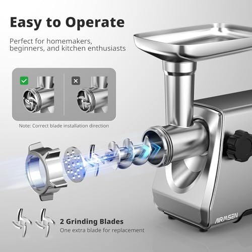 AIRMSEN Electric Meat Grinder & Mincer – Heavy Duty Professional Stainless Steel Sausage Maker & Stuffer with 3 Plates, 2 Stainless Blades & Kubbe Kit – Fast, Quiet, Easy to Clean for Home Kitchen Use - Image 5