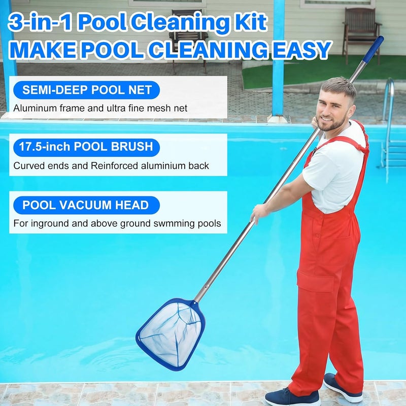 Tioncy 3 Pcs Pool Cleaning Kit Manual Pool Vacuum Head with Bottom Brushes, Large Brush and Skimmer Net Fine Mesh for Above Ground In-ground Ponds Spas Hot Tubs - Image 5