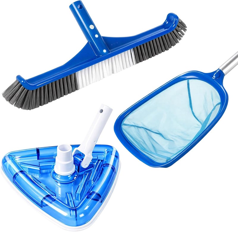 Tioncy 3 Pcs Pool Cleaning Kit Manual Pool Vacuum Head with Bottom Brushes, Large Brush and Skimmer Net Fine Mesh for Above Ground In-ground Ponds Spas Hot Tubs - Image 1
