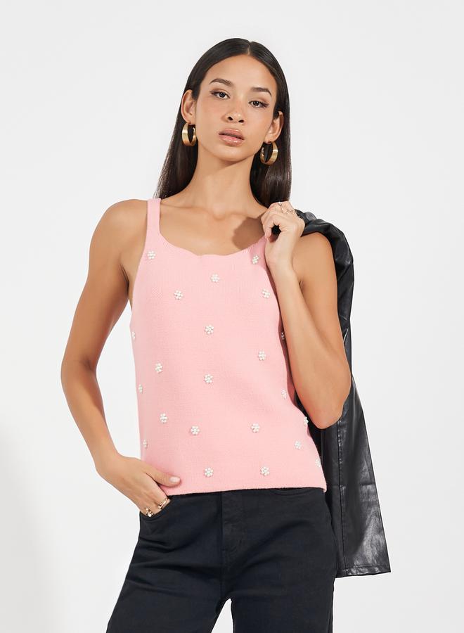 Styli Sleeveless Flat Knit Top with Embellishment  - Image 1