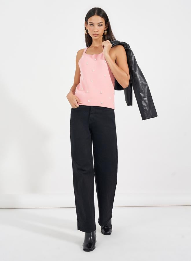 Styli Sleeveless Flat Knit Top with Embellishment  - Image 2