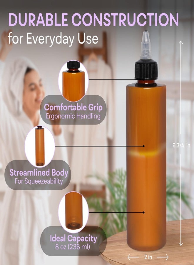 BRIGHTFROM Twist Top Applicator Bottles, 8 OZ Cylinder Empty Squeeze Bottles, Black Nozzle, BPA-Free Plastic, PET, Refillable, Open/Close Nozzle - Multi Purpose (Amber) 2 PACK - Image 3
