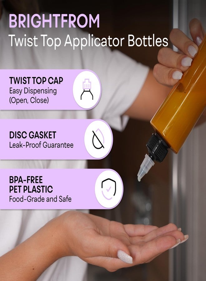 BRIGHTFROM Twist Top Applicator Bottles, 8 OZ Cylinder Empty Squeeze Bottles, Black Nozzle, BPA-Free Plastic, PET, Refillable, Open/Close Nozzle - Multi Purpose (Amber) 2 PACK - Image 2