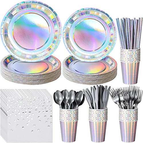 FunnyPars Iridescent Party Supplies Decorations Holographic Paper Plates and Napkins Set Disposable Iridescent Paper Plates Cups Knives Spoons Fork Straw for Mermaid Birthday Wedding Party Serve 50 - Image 1