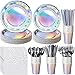 FunnyPars Iridescent Party Supplies Decorations Holographic Paper Plates and Napkins Set Disposable Iridescent Paper Plates Cups Knives Spoons Fork Straw for Mermaid Birthday Wedding Party Serve 50 - Image 4