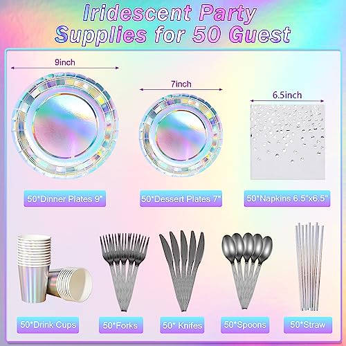 FunnyPars Iridescent Party Supplies Decorations Holographic Paper Plates and Napkins Set Disposable Iridescent Paper Plates Cups Knives Spoons Fork Straw for Mermaid Birthday Wedding Party Serve 50 - Image 5