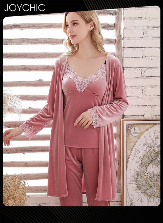Joychic طقم بيجامة من 4 قطع من المخمل الذهبي الدافئ المقاوم للرياح لفصلي الربيع والخريف والشتاء للنساء بأكمام طويلة وسراويل بتصميم دانتيل لطيف على شكل حرف V للنوم في المنزل باللون الوردي - Image 1