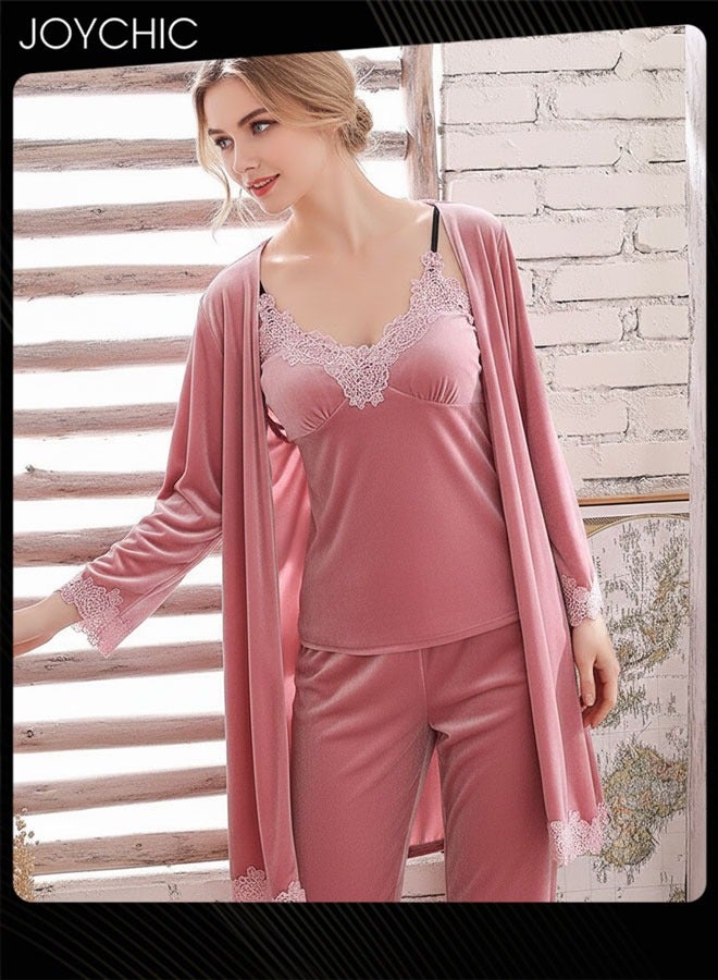 Joychic طقم بيجامة من 4 قطع من المخمل الذهبي الدافئ المقاوم للرياح لفصلي الربيع والخريف والشتاء للنساء بأكمام طويلة وسراويل بتصميم دانتيل لطيف على شكل حرف V للنوم في المنزل باللون الوردي - Image 2
