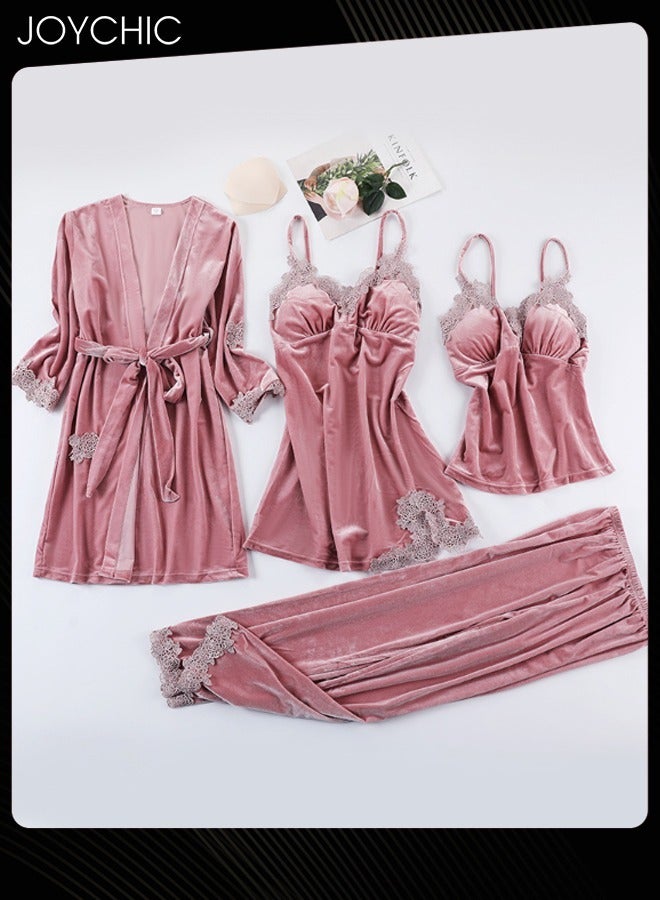 Joychic طقم بيجامة من 4 قطع من المخمل الذهبي الدافئ المقاوم للرياح لفصلي الربيع والخريف والشتاء للنساء بأكمام طويلة وسراويل بتصميم دانتيل لطيف على شكل حرف V للنوم في المنزل باللون الوردي - Image 3
