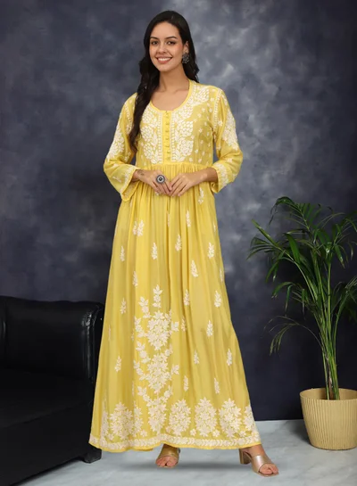 الايا جلابية شيكانكاري موسلين مطرزة يدوياً-AL4017