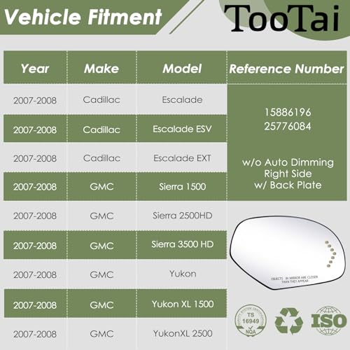 Tootai Passenger Side Replacement Mirror Glass compatible with Cadillac & GMC vehicles - 2007-2008 Escalade, ESV, EXT | Sierra 1500/2500HD, Yukon/Yukon XL 1500, Turn Signal, RH, 15886196 - Image 2