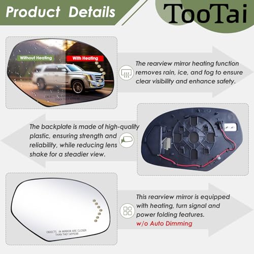 Tootai Passenger Side Replacement Mirror Glass compatible with Cadillac & GMC vehicles - 2007-2008 Escalade, ESV, EXT | Sierra 1500/2500HD, Yukon/Yukon XL 1500, Turn Signal, RH, 15886196 - Image 4