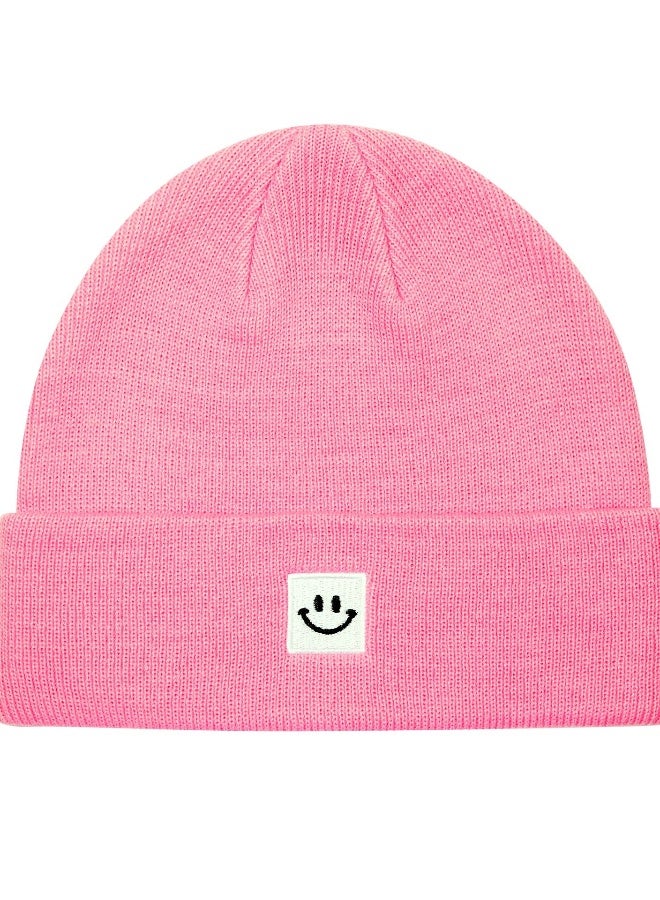 Smile Face Winter Beanie Hats for Men and Women Stretchy Warm Thick Soft Cap Slouchy Knit Hats (Green+Pink)  - Image 4