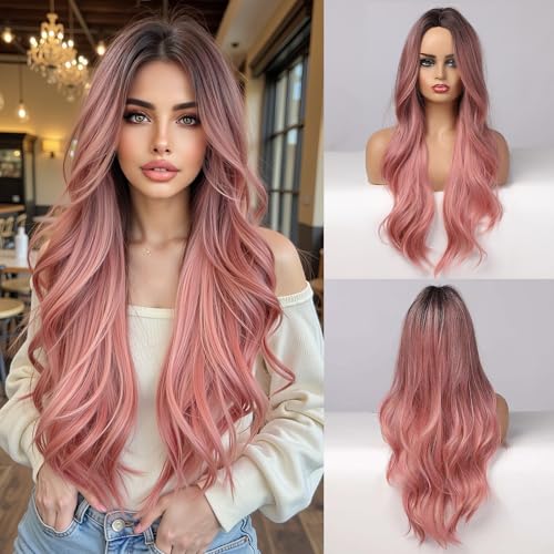 Esmee Synthetic Wigs Ombre Pink Long Wavy Women Heat Resistant Fiber Middle Part Cosplay Wigs 24inch