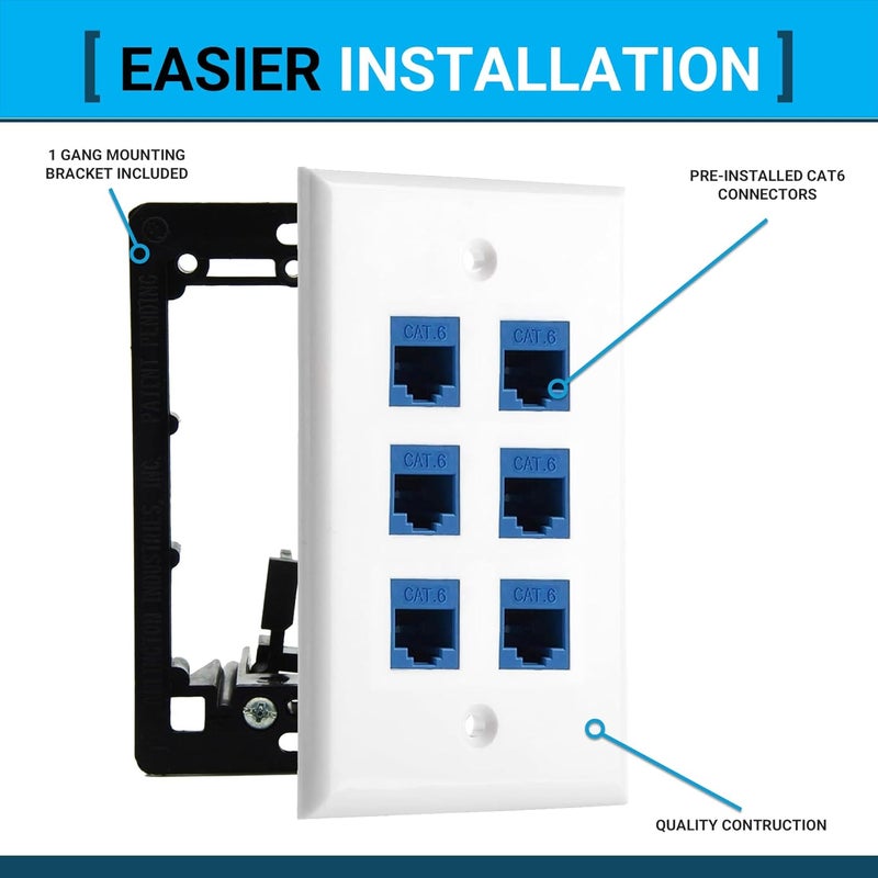 DIYTECH 6 Port Ethernet Wall Plate, Cat 6, Wall Outlet, RJ45 Female to Female Keystone Jacks - White - Image 4