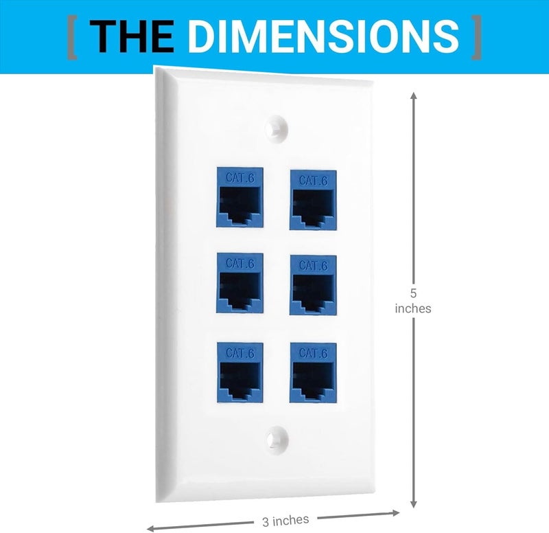 DIYTECH 6 Port Ethernet Wall Plate, Cat 6, Wall Outlet, RJ45 Female to Female Keystone Jacks - White - Image 3